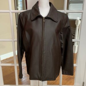 Brown leather bomber jacket